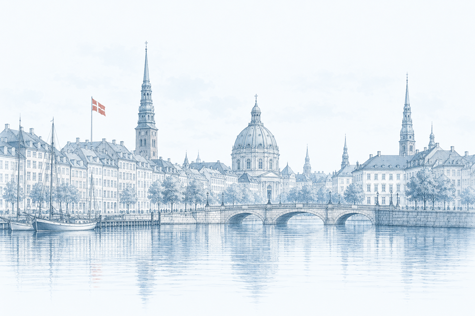 Illustration af Københavns tårne og havnefront med det danske flag